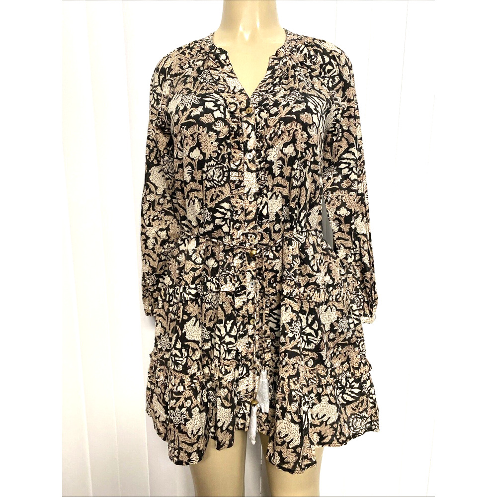 NWT Cleobella Mylah Mini Dress Brown Black Long Sleeve Cotton Tassel But… - Picture 3 of 7